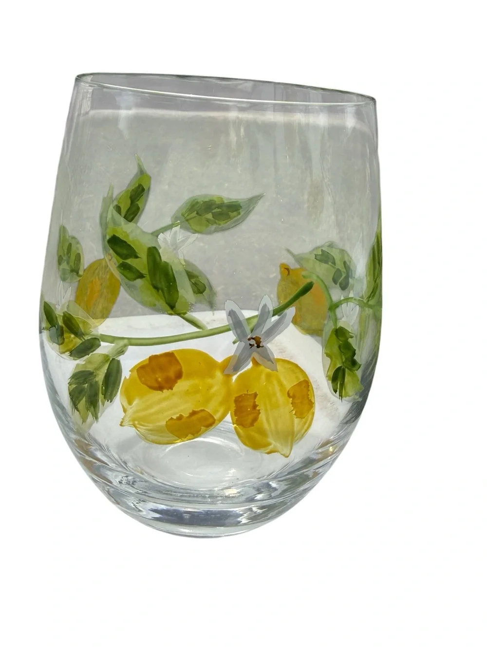 Pier 1 Hand Painted Lemon Stemless Wine Glasses Set 4 Citrus Floral Cottagecore